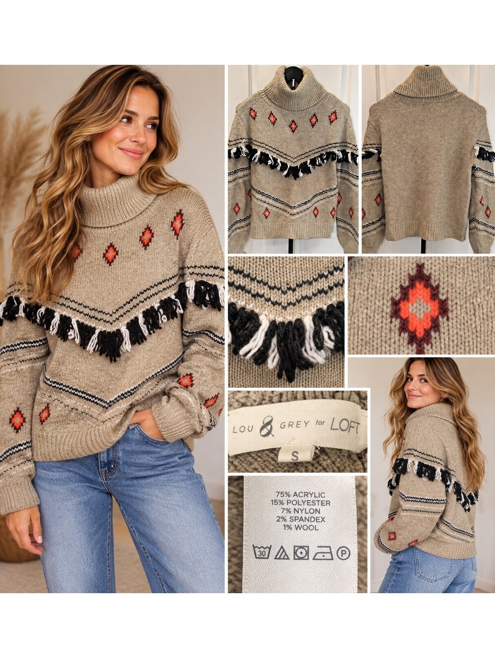 Lou & Grey LOFT S Fair Isle Fringe Turtleneck Sweater Wool Blend